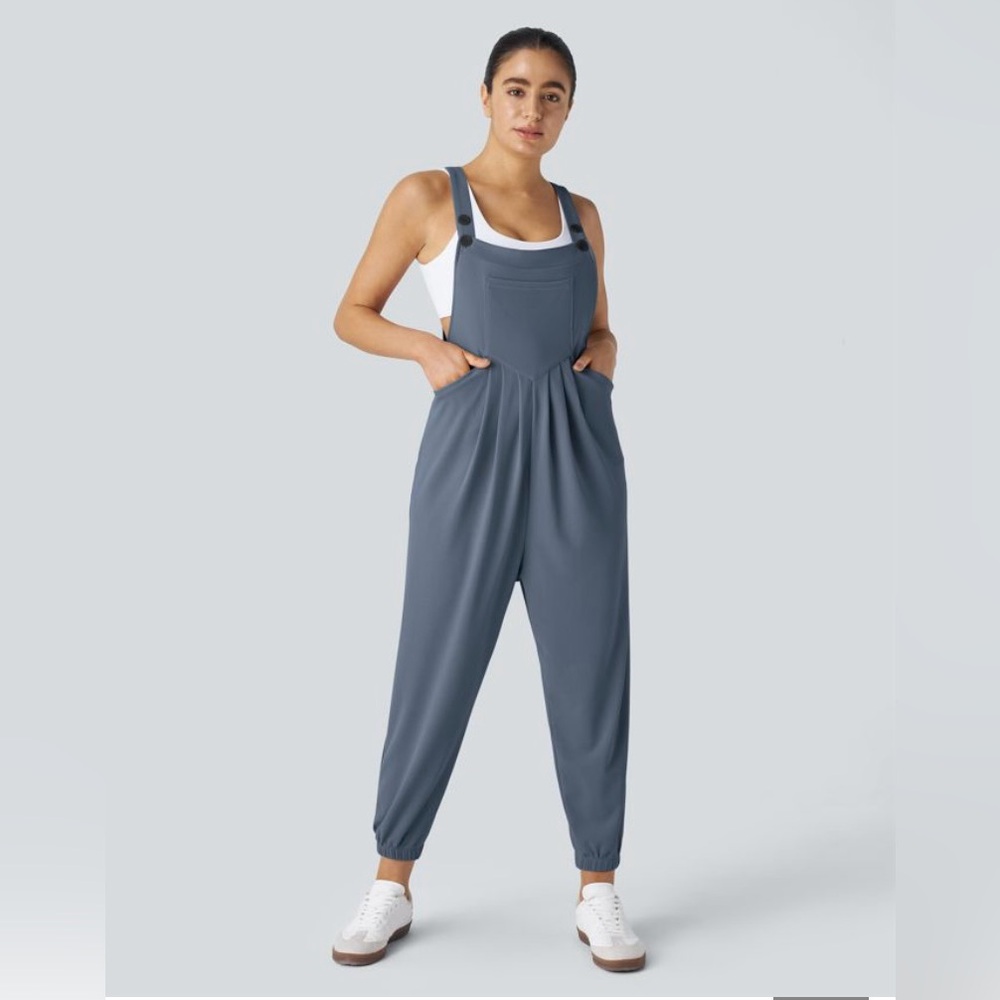 HALARA Slate Blue Waffle Knit Overalls Cuffed Jumpsuit Women’s S NWT - Picture 5 of 12